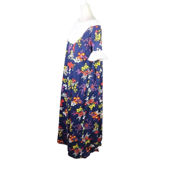 Vintage 70s Navy Blue Floral Print Muumuu Maxi Dress L - Picture 3 of 5